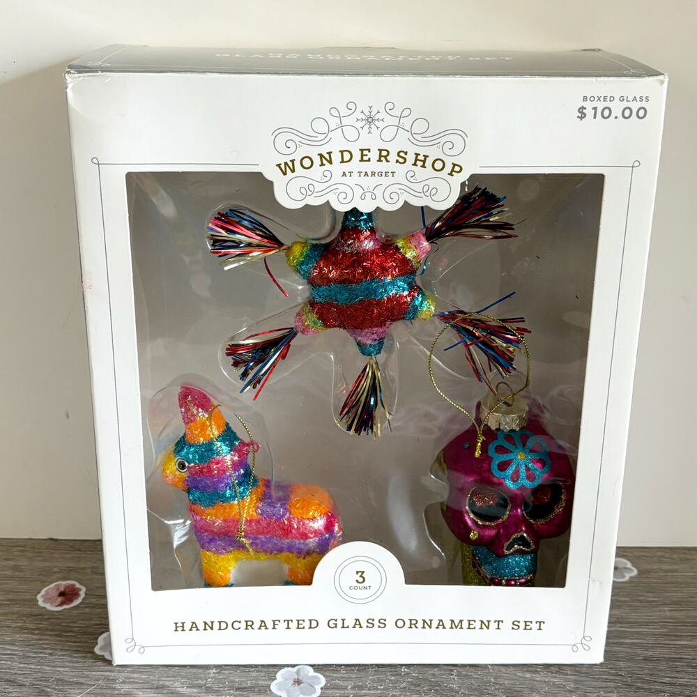 Wondershop Day of the Dead Glass Ornaments Set of 3 Sugar Skull Pinata Star NIB